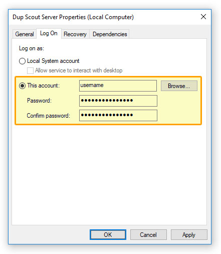 DupScout Server Configure Service User Account
